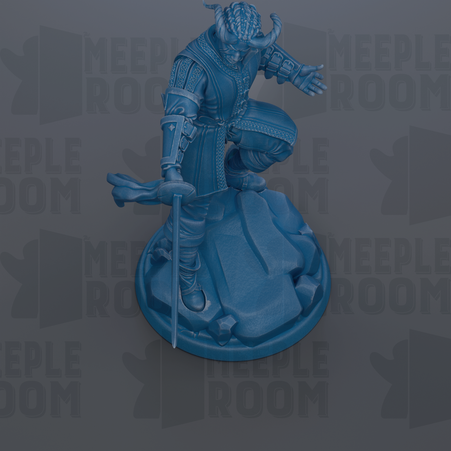 A blue figurine of a knight-like character, possibly a warrior or knight, standing on a rock and holding a sword.