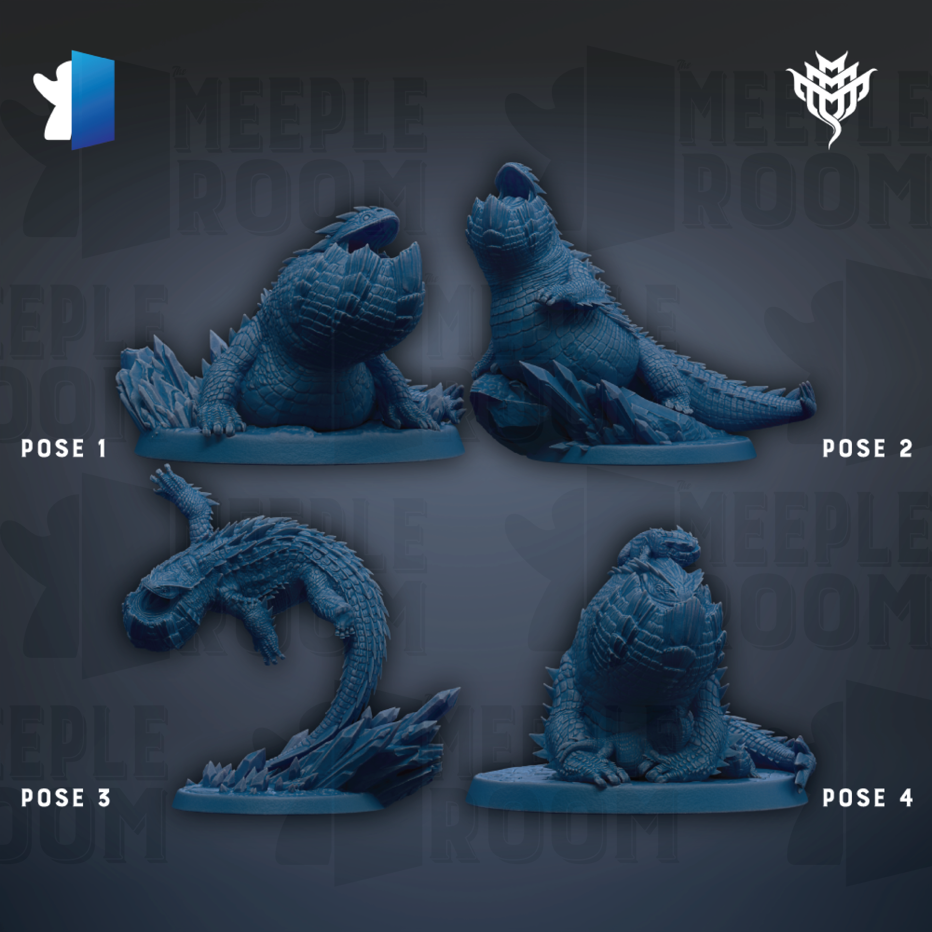 four blue figurines of fantastical creatures, each in a different pose, arranged in a grid-like pattern against a dark background.