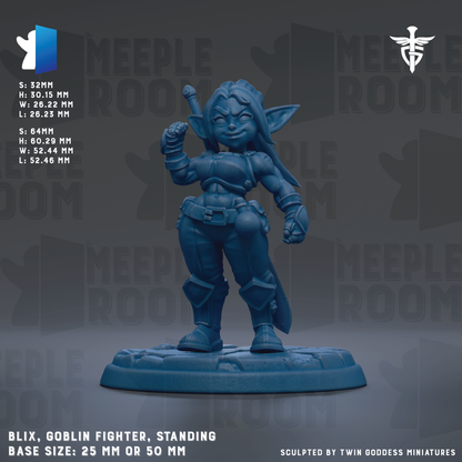 A blue figurine of a female character, likely a Goblin Fighter, standing on a base. The figurine is described as a "Goblin Fighter" and is shown in a standing position. The base size of the figurine is either 25mm or 50mm. The image is a collage of multiple images, and the phrase "The image depicts" is not used.
