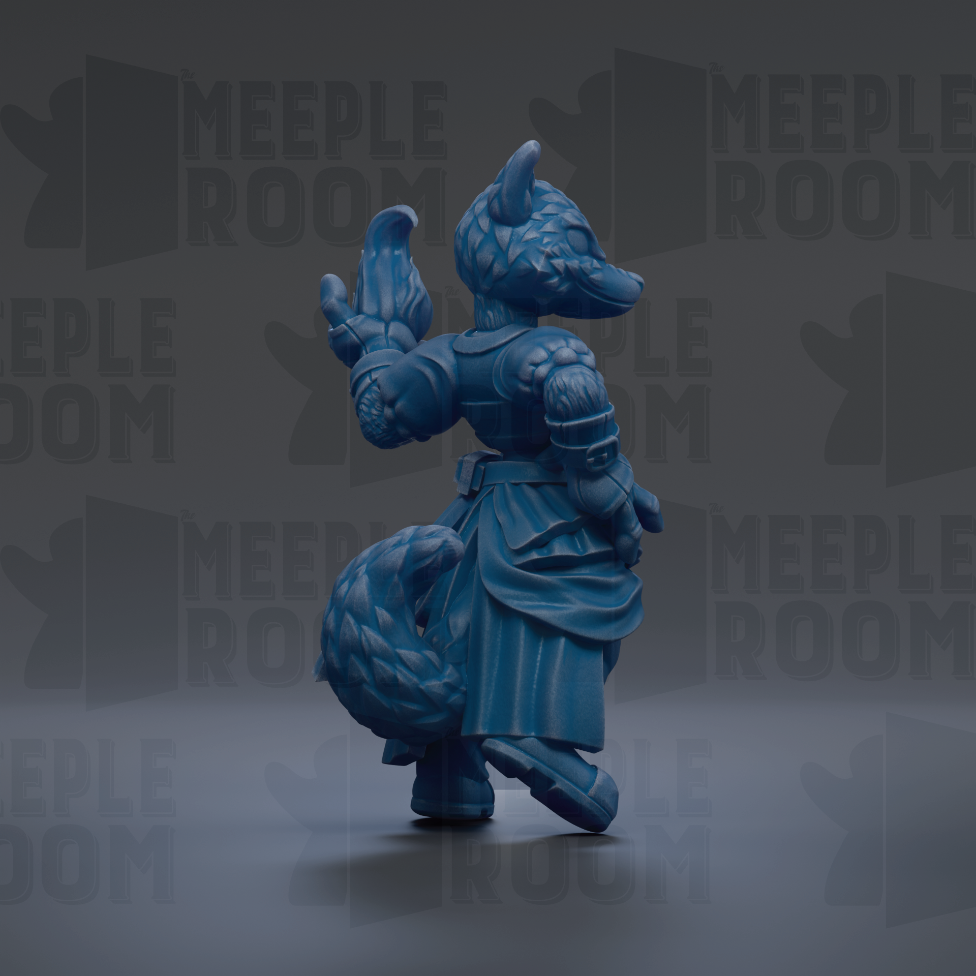 A blue figurine of a fox-like creature with a pointed hat and raised arms, standing on one leg against a dark background with repeated text.