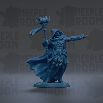 A blue figurine of a warrior figure holding a staff and sword, standing against a dark background with repeated text.