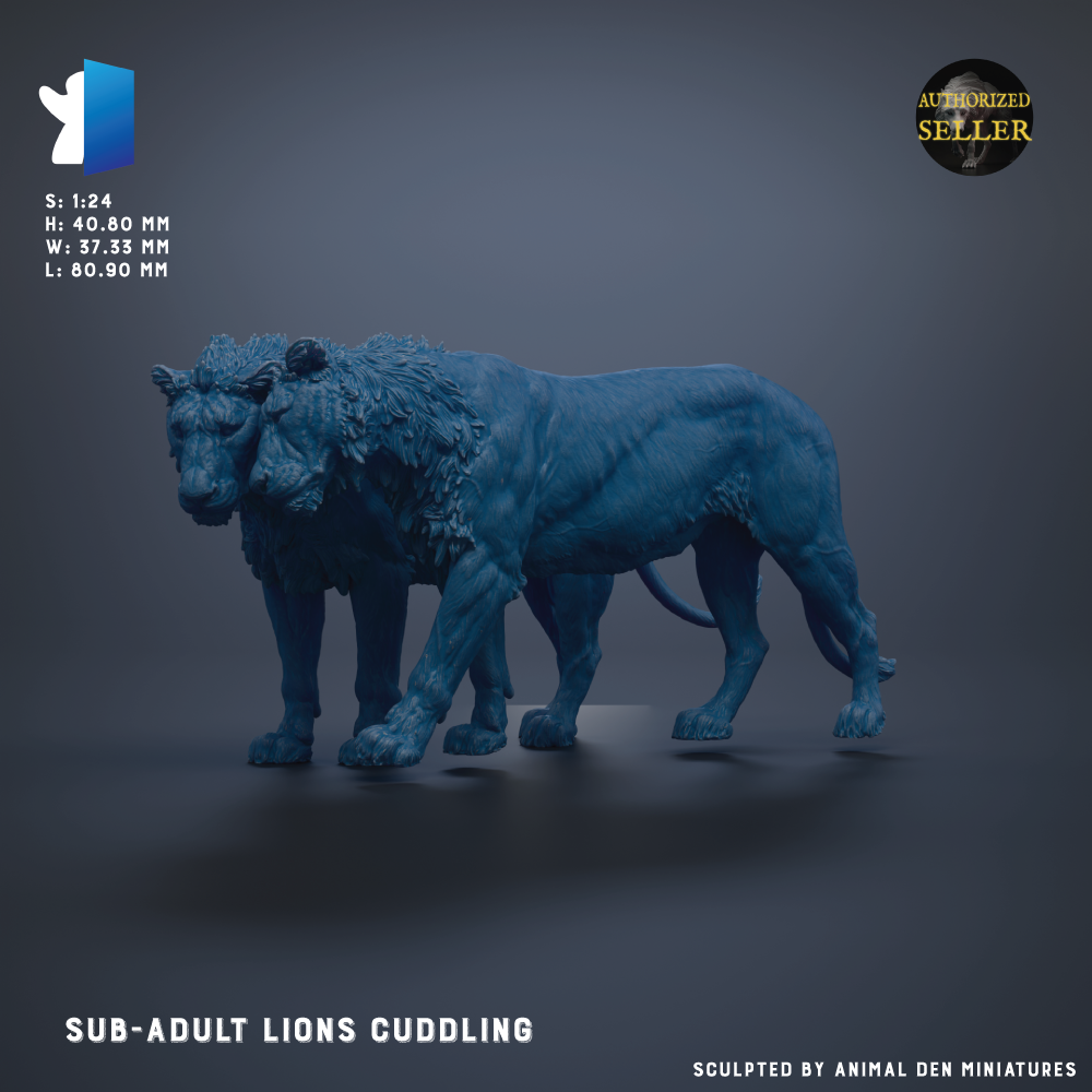 two blue lion statues standing side by side, with the text "SUB-ADULT LIONS CUDDLEING" and "SULPTED BY ANIMAL DEN MINIARUES" below them.