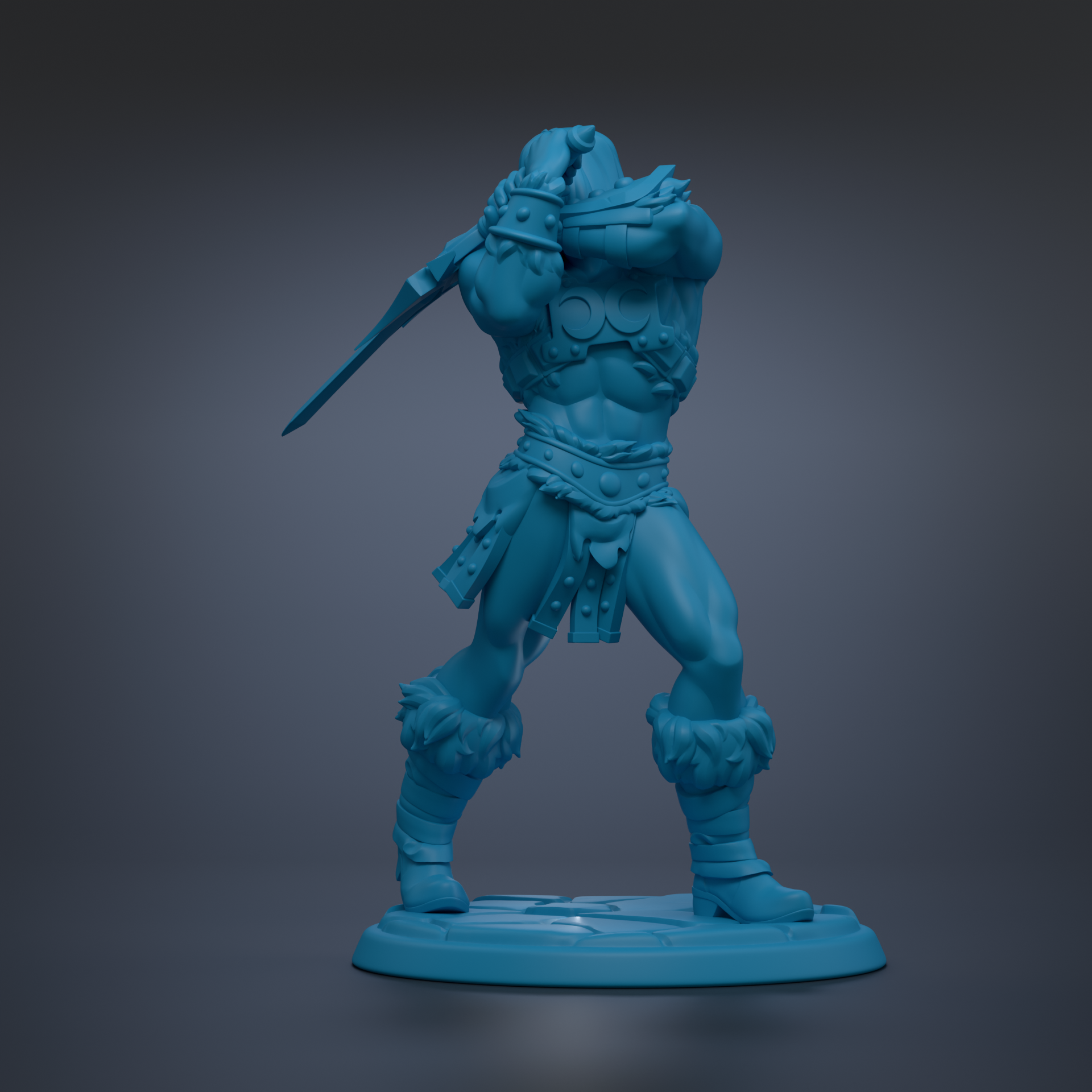 A blue 3D model of a warrior figure holding a sword and standing in a fighting stance.