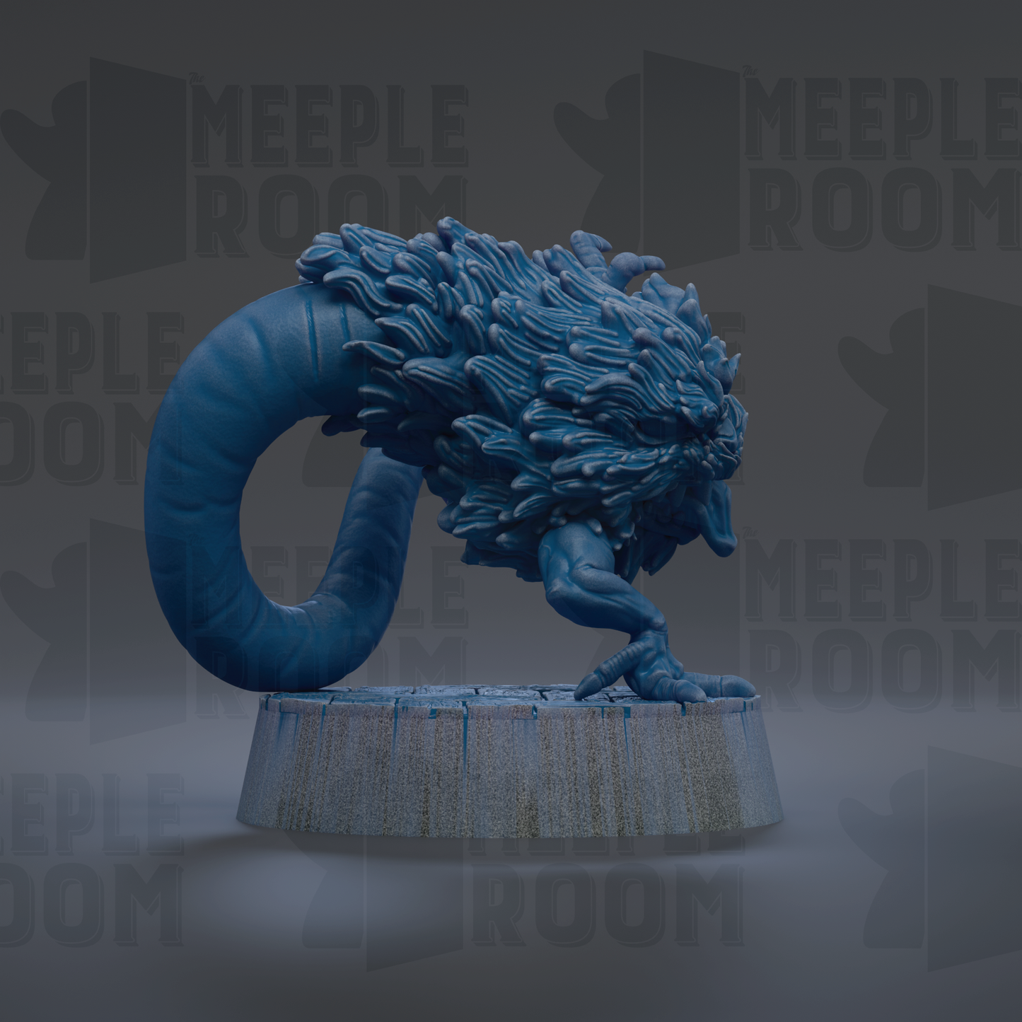 A blue, furry creature resembling a dragon or serpent is sitting on a pedestal against a dark background with repeated text.