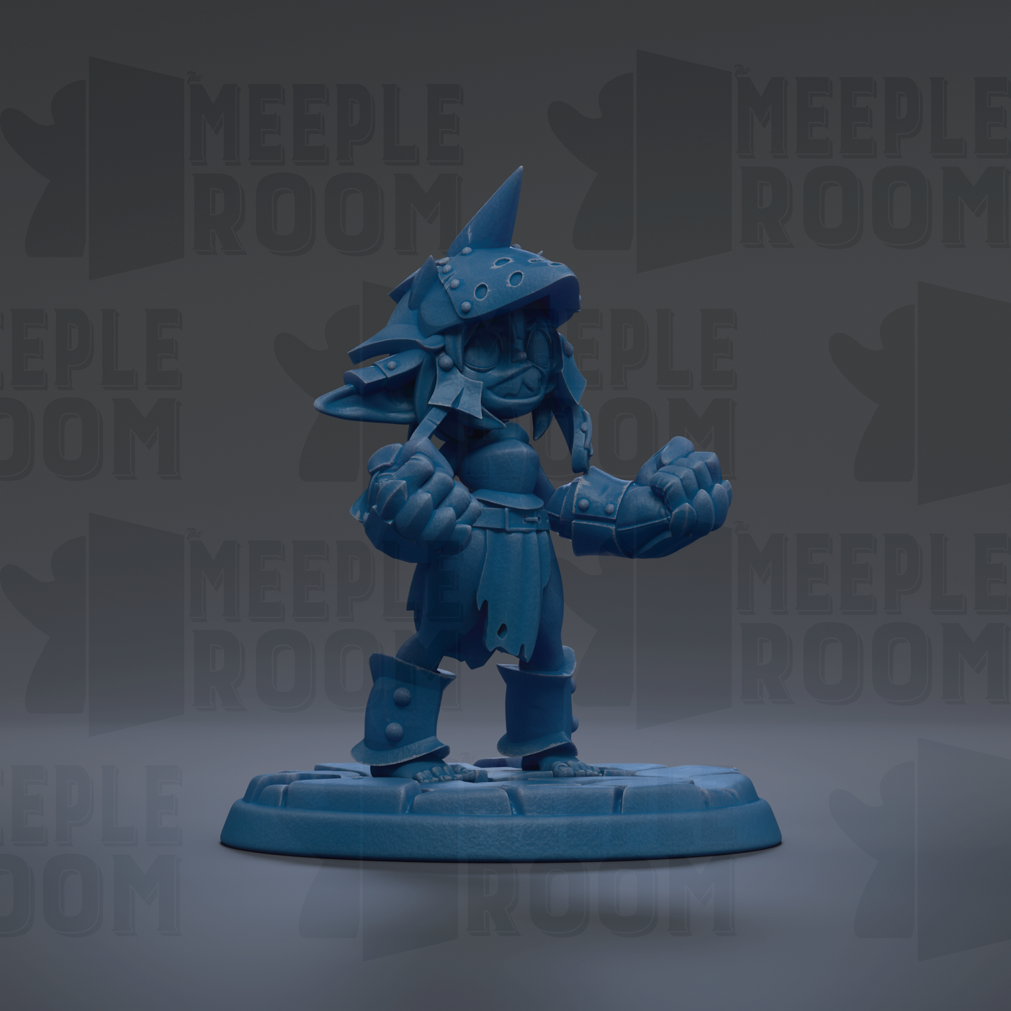 A blue figurine of a warrior standing on a base, with the text "MEUPLE ROOM" repeated in the background.