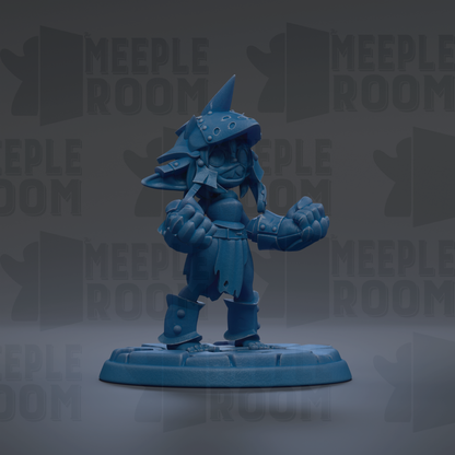 A blue figurine of a warrior standing on a base, with the text "MEUPLE ROOM" repeated in the background.