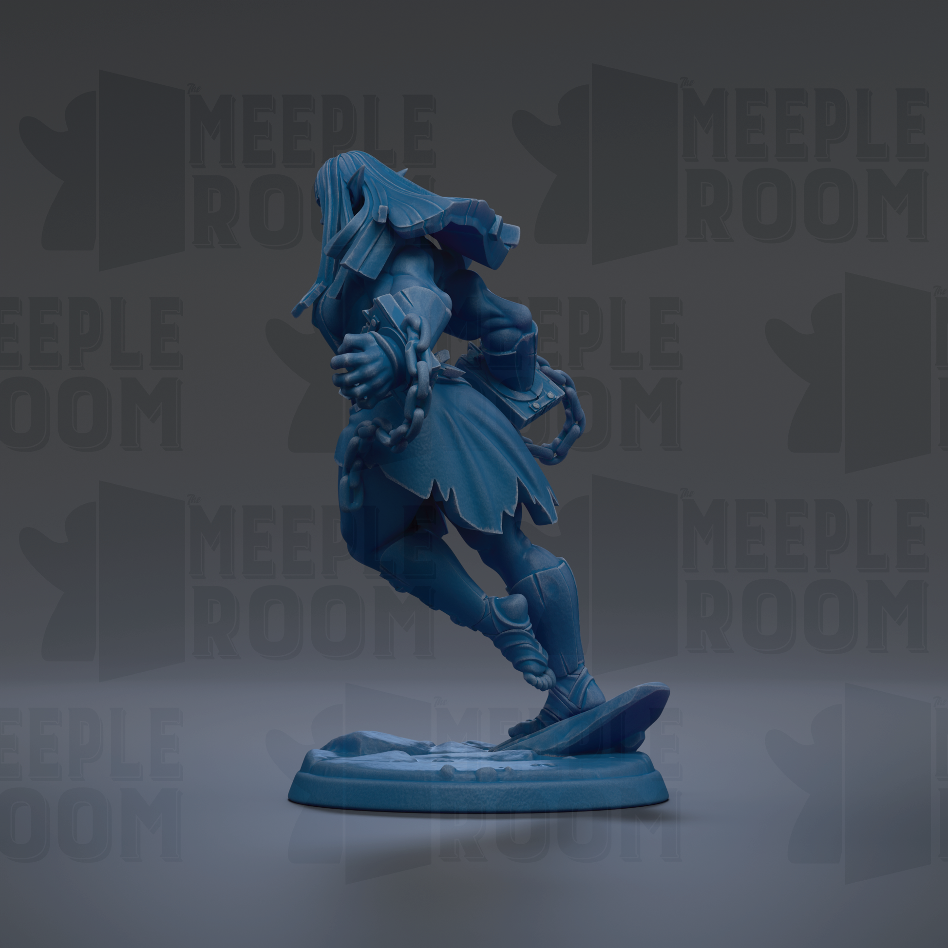 A blue figurine of a person with long hair and a flowing skirt, standing on a platform and holding a chain.