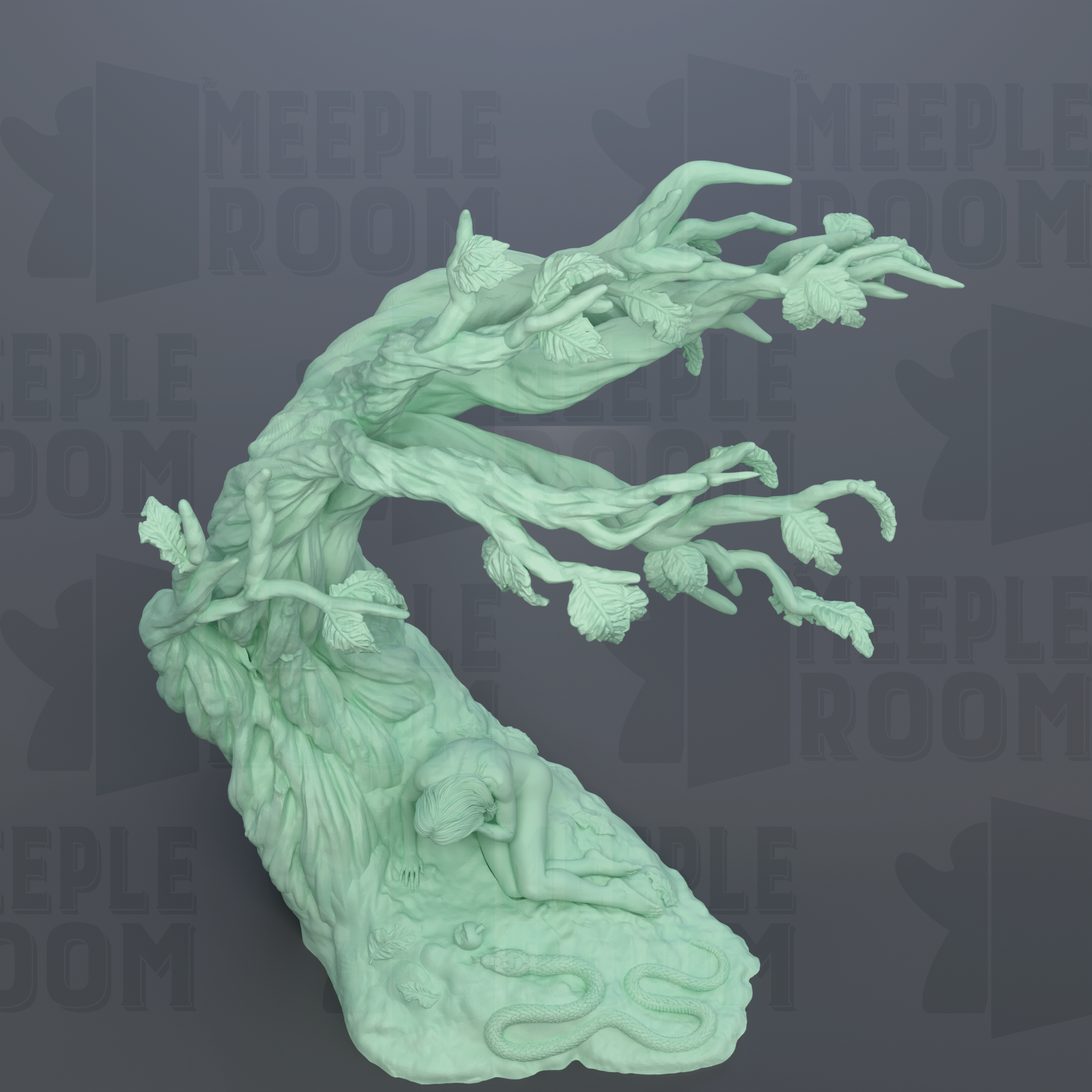 A green, abstract sculpture depicting a twisted, gnarled tree branch with leaves and a snake-like figure resting on a rock.