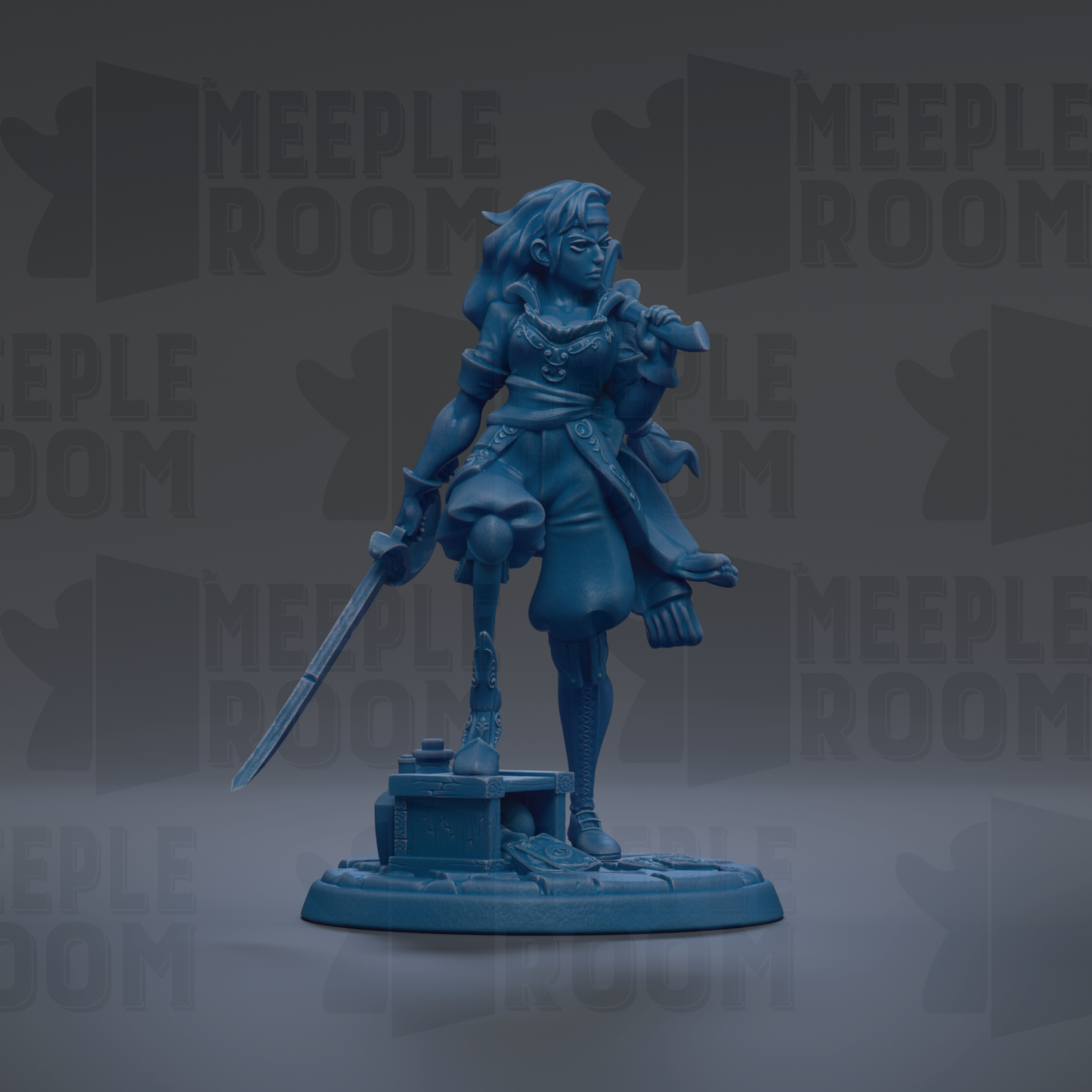 A blue figurine of a female character with a sword and shield, standing on a base.
