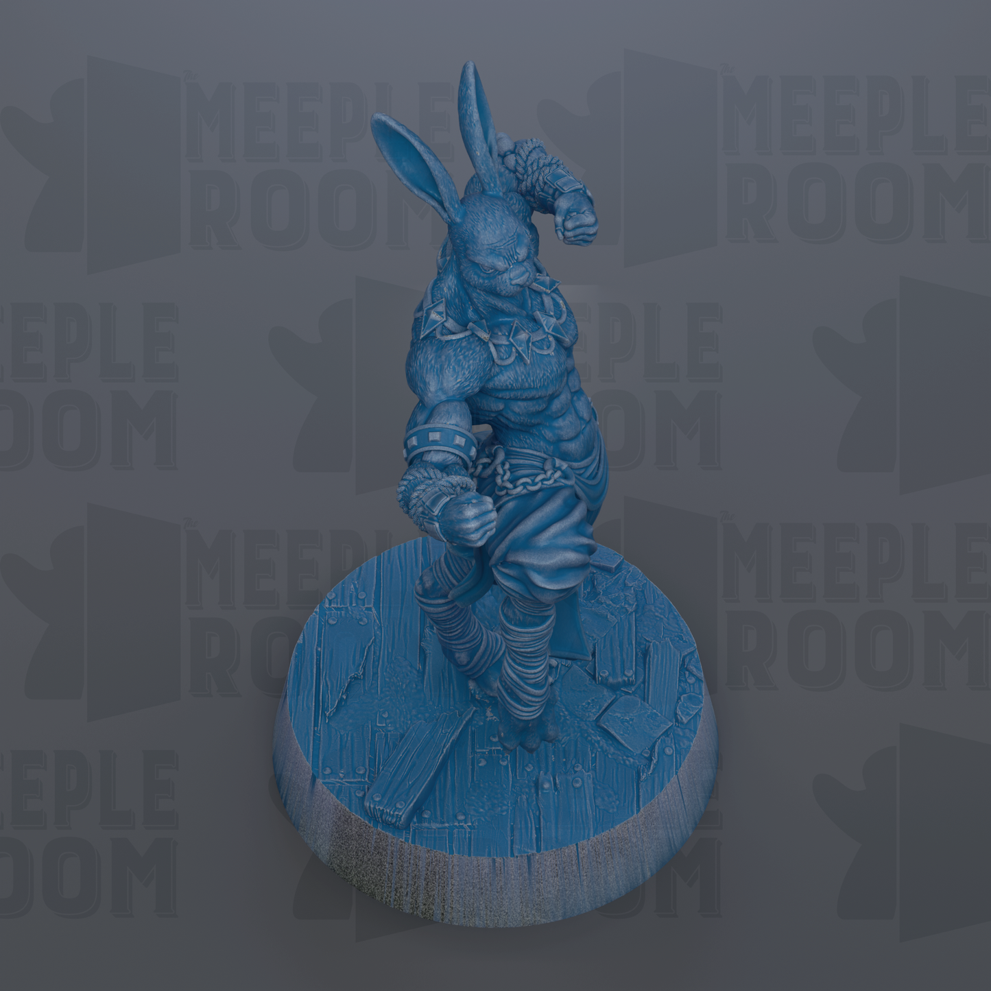 A blue, 3D-rendered character with a raised fist, standing on a circular base.
