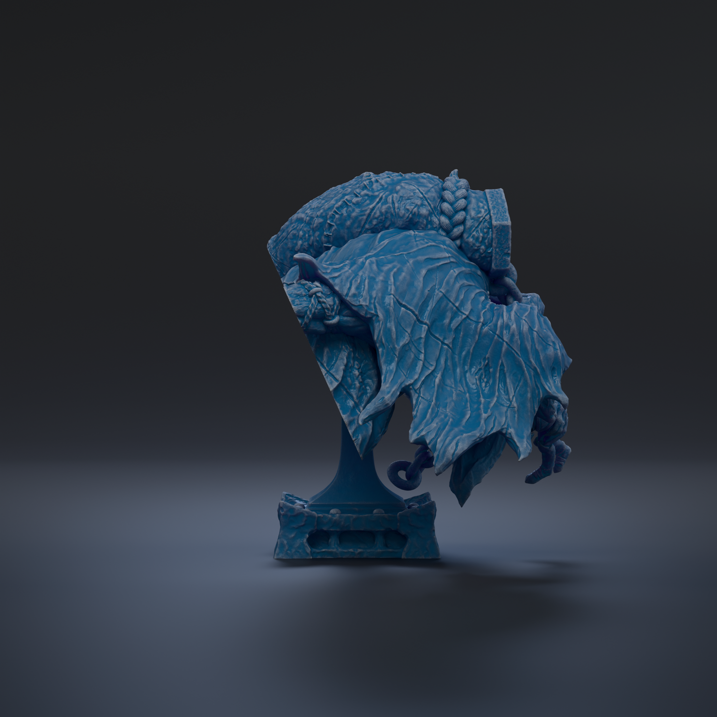 A 3D rendering of a blue, winged creature with intricate details, standing on a base.