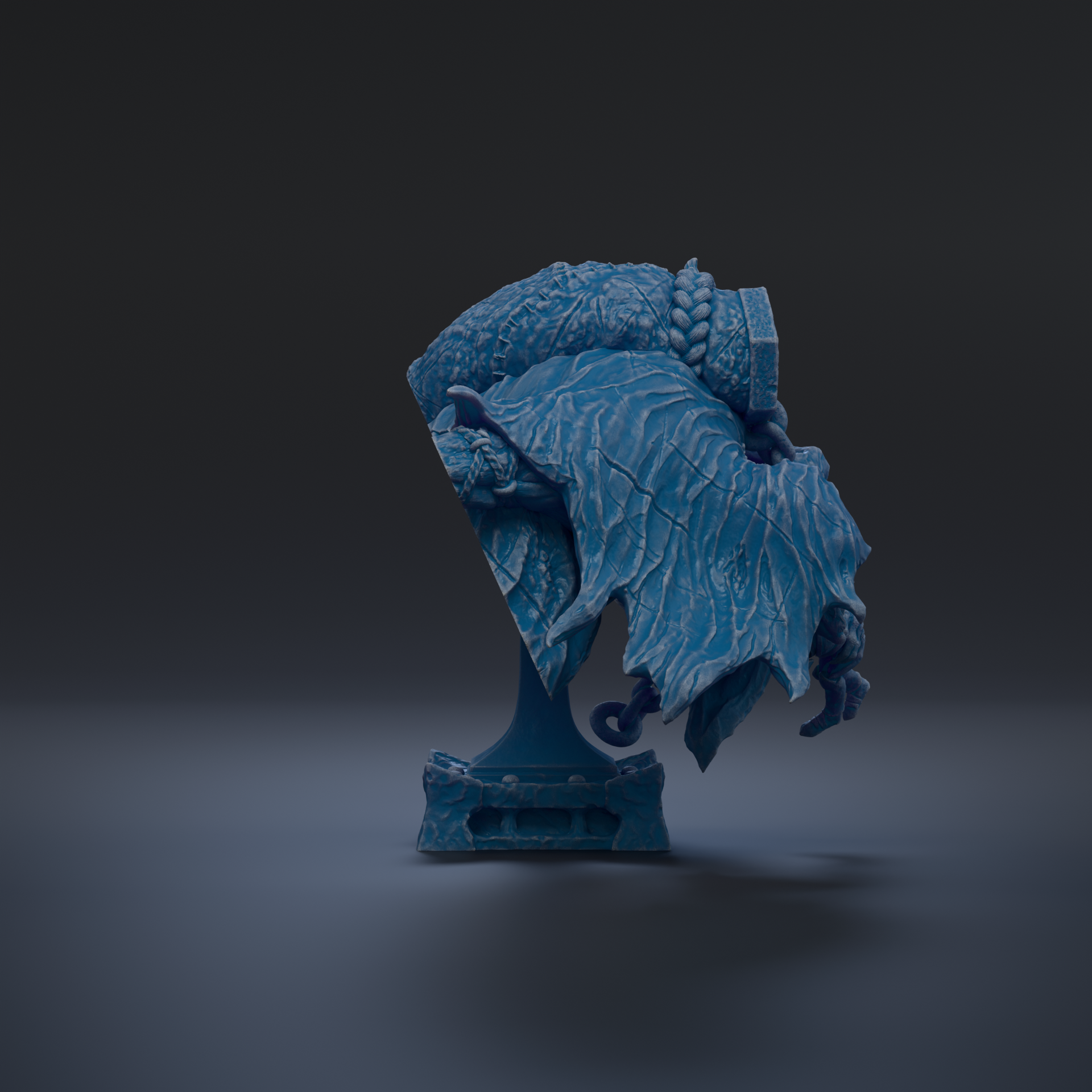 A 3D rendering of a blue, winged creature with intricate details, standing on a base.