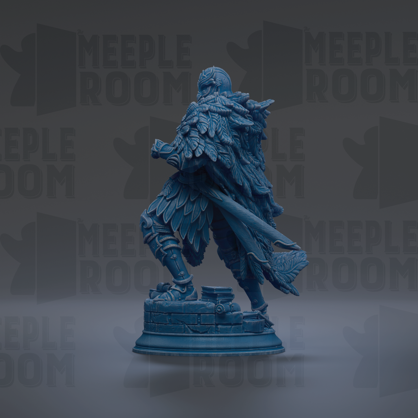 A statue of a winged warrior standing on a pedestal, with the text "MEUPLE ROOM" repeated in the background.