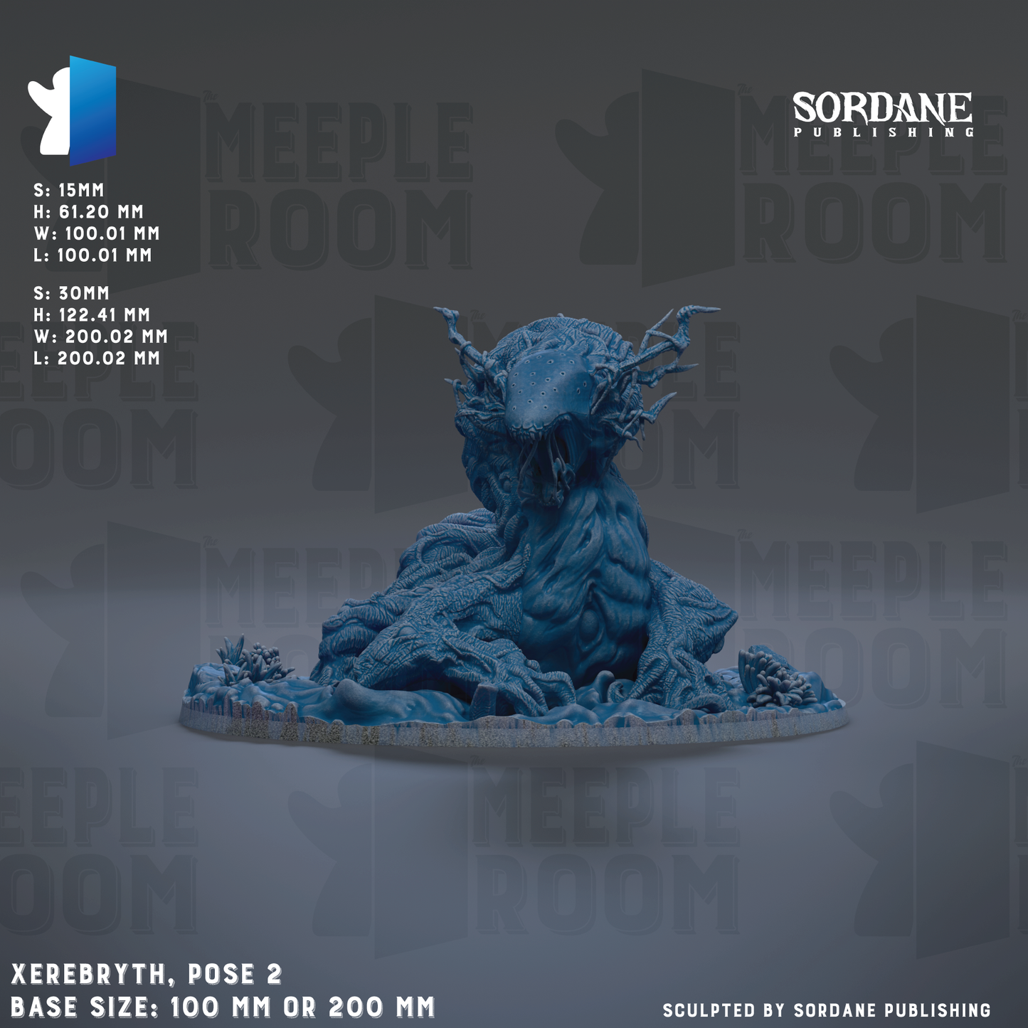 The image is a 3D rendering of a blue, organic-looking creature, possibly a mythical or fantastical being, sitting on a base. The creature appears to be a large, intricate sculpture, and the image is described as a "base size: 100 mm or 200 mm". The image is a collage of multiple images, and it is described as a "sculpted by Sordane Publishing" image.