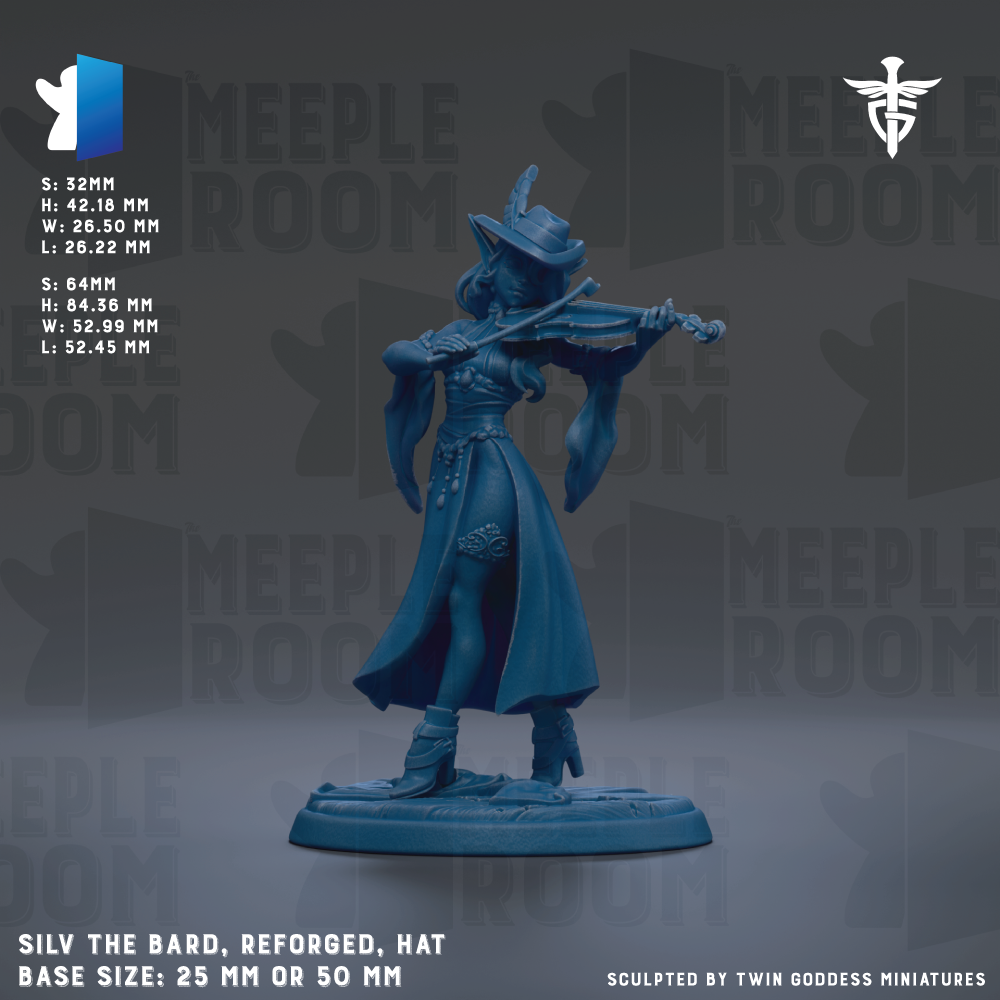 The image is a figurine of a woman playing a musical instrument, specifically a violin. The figurine is described as being blue and has a hat on her head. The figurine is shown in a standing position, with the violin held in her hands. The figurine is described as being "reforged" and "replaced" with a new design. The base size of the figurine is either 25mm or 50mm. The image is a collage of multiple images, and it is described as being "sculpted by Twin Goddess miniatures".