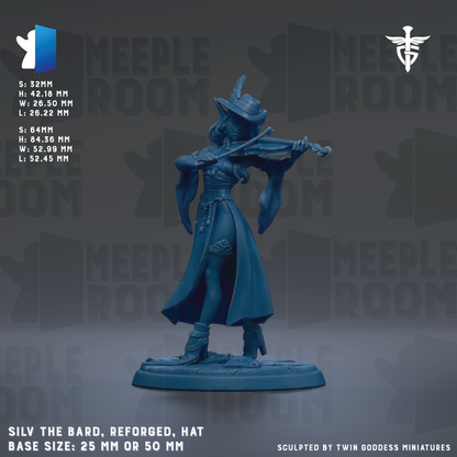 The image is a figurine of a woman playing a musical instrument, specifically a violin. The figurine is described as being blue and has a hat on her head. The figurine is shown in a standing position, with the violin held in her hands. The figurine is described as being "reforged" and "replaced" with a new design. The base size of the figurine is either 25mm or 50mm. The image is a collage of multiple images, and it is described as being "sculpted by Twin Goddess miniatures".