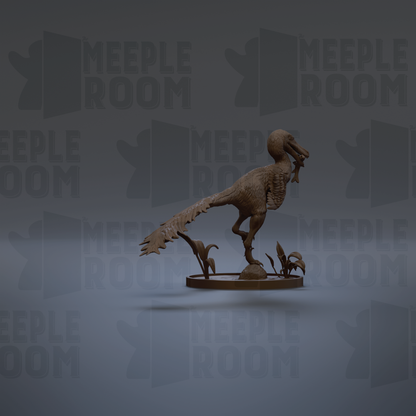 A 3D rendering of a dinosaur statue, likely a T-Rex, standing on a circular base. The background features repeated text that reads "MEEPLE ROOM", suggesting the image may be part of a larger collection or series.