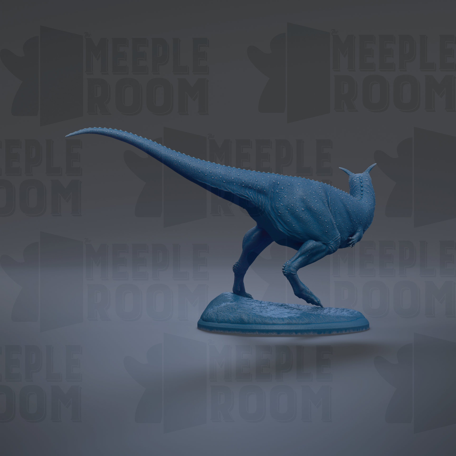 A 3D model of a blue dinosaur-like creature with a long tail and sharp teeth, standing on a platform against a dark background with repeated text.