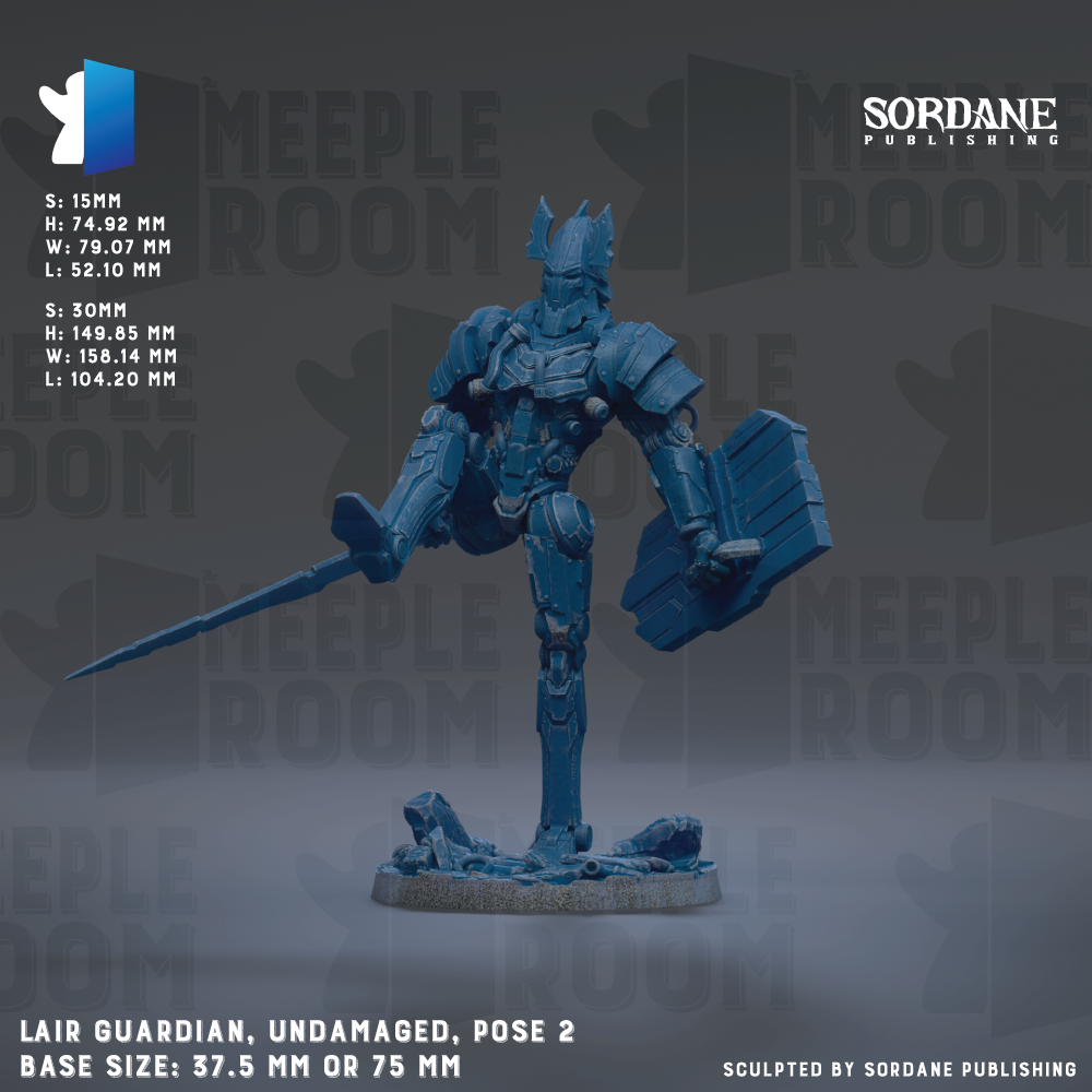 a blue armored robot or character, possibly a character from a video game or comic book, posed in a dynamic fighting stance with a sword. The character appears to be undamaged and is described as a "Lair Guardian" or "Lair Guardian undamaged" in the image. The base size of the figure is either 37.75 mm or 75 mm, depending on the perspective. The image is published by Sordane Publishing.