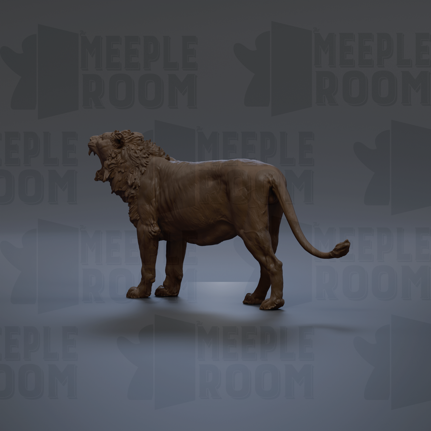 A bronze lion statue is shown in a dynamic pose against a dark background with repeated text.