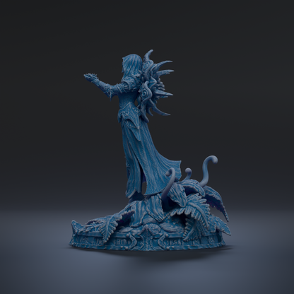 A 3D rendering of a fantastical, winged creature with intricate, flowing robes and a large headdress, standing on a rock formation against a dark background.