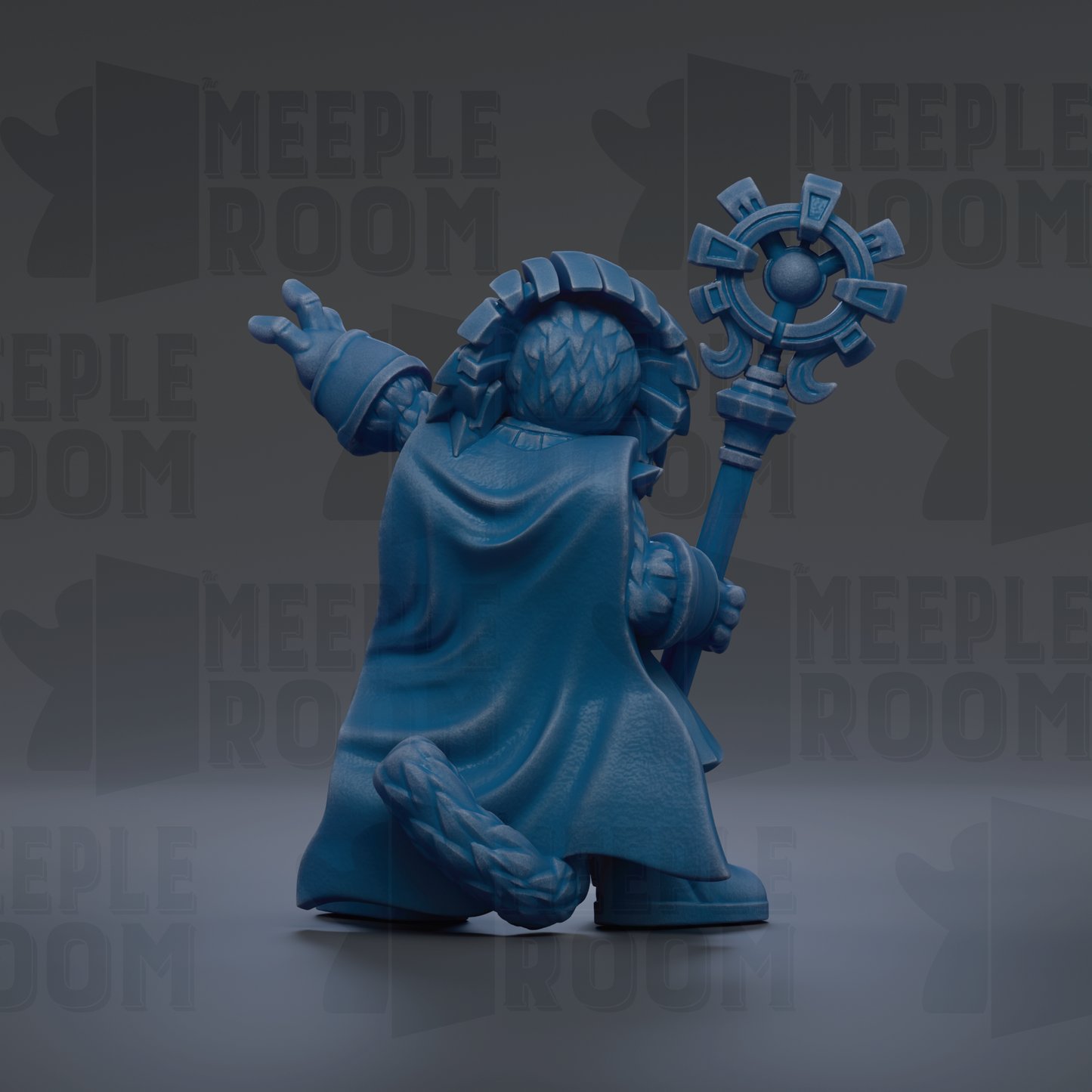 A blue figurine of a character holding a staff and a shield, standing against a dark background with repeated text.