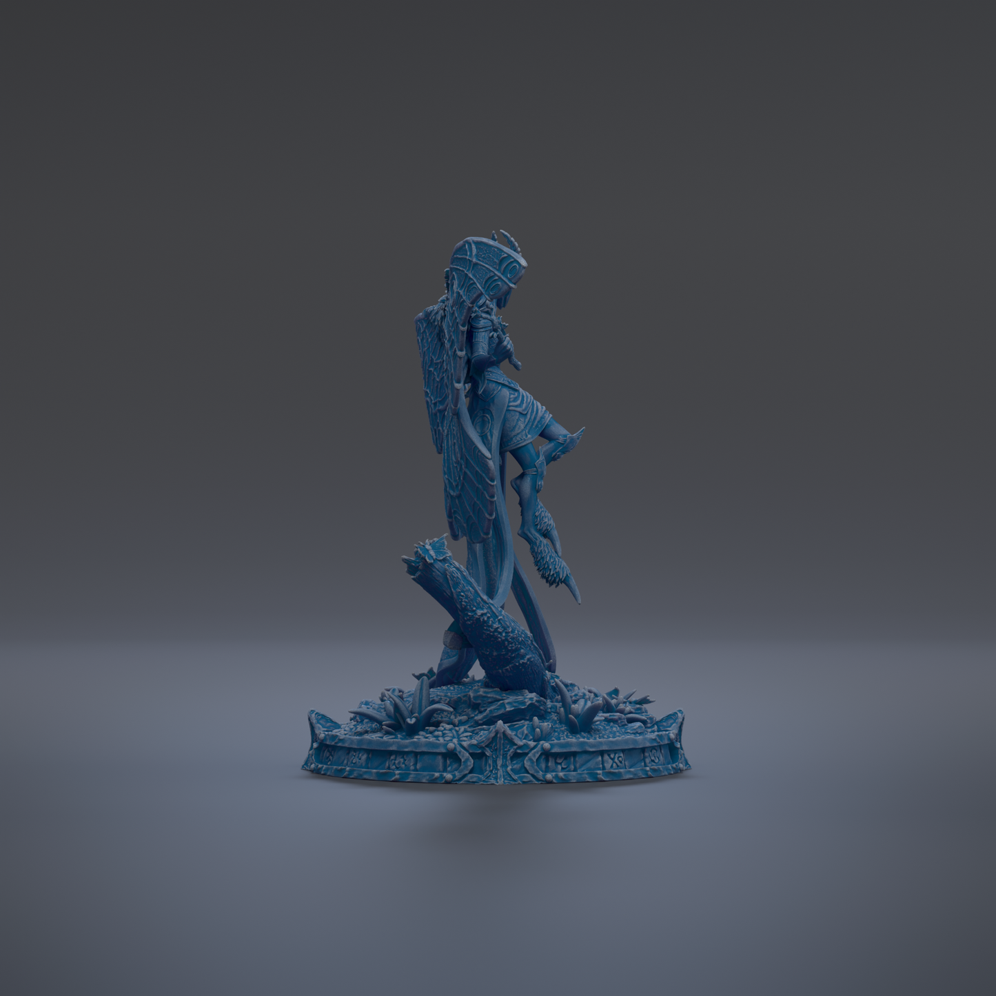 A 3D rendering of a blue statue of a figure standing on a pedestal against a dark background.