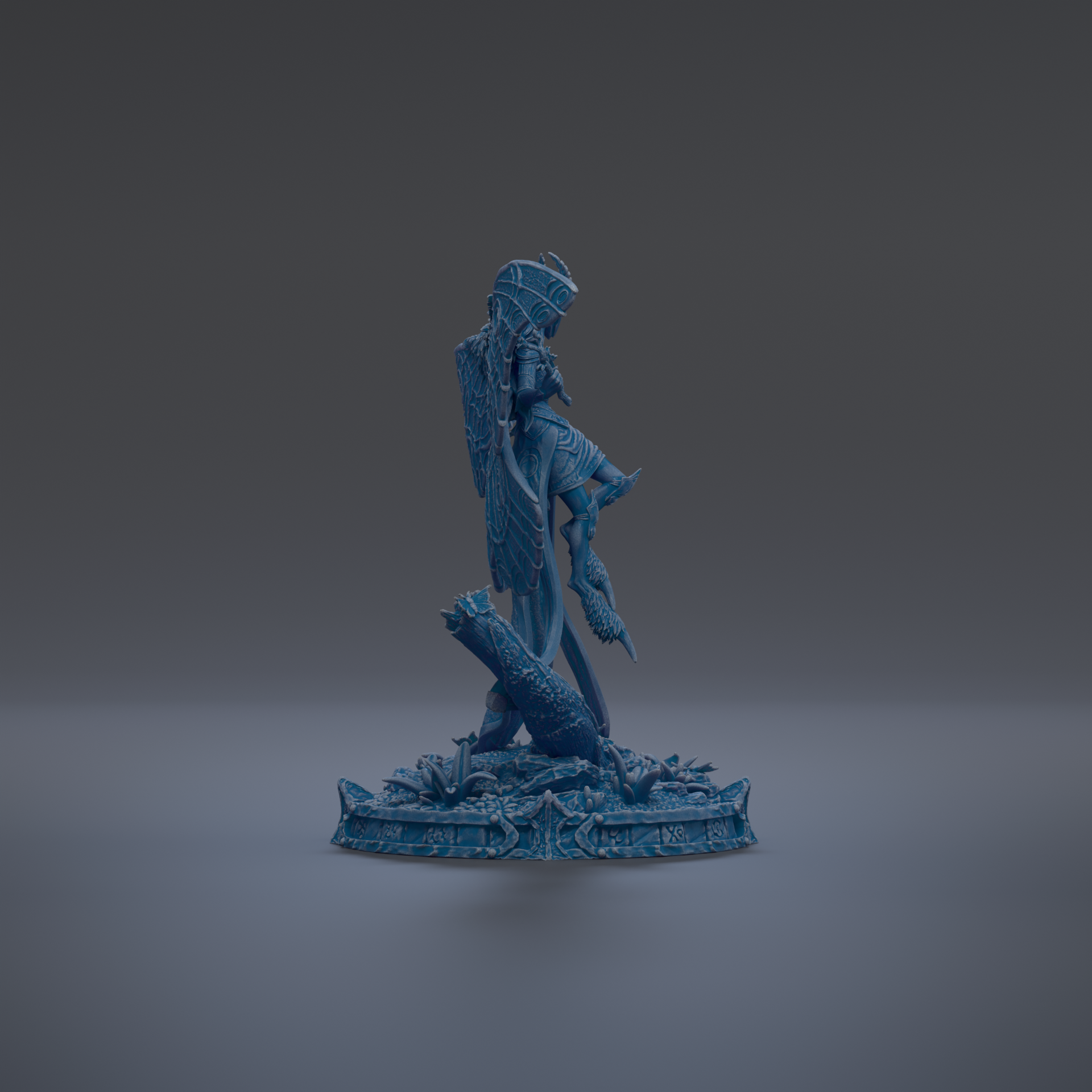 A 3D rendering of a blue statue of a figure standing on a pedestal against a dark background.