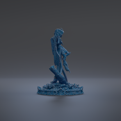 A 3D rendering of a blue statue of a figure standing on a pedestal against a dark background.