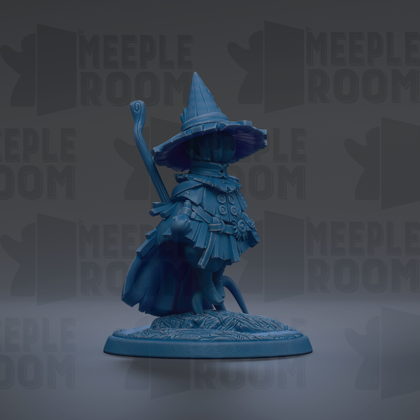 A blue figurine of a wizard or magical being, wearing a pointed hat and holding a staff, is the central focus of the image.