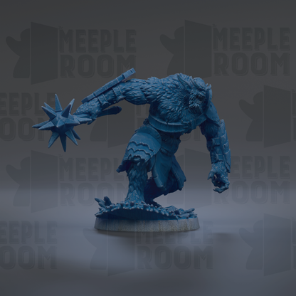 A blue, furry monster figurine is shown in a dynamic pose, with a star-shaped weapon in its hand, against a dark background with repeated "MEIPLE ROOM" text.