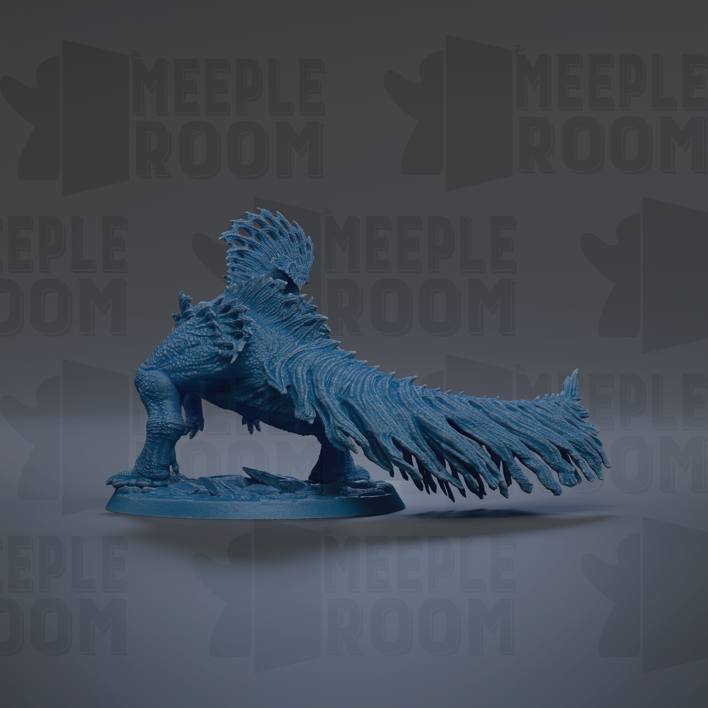 A blue dinosaur figurine with a long tail and sharp teeth is shown against a dark background with repeated text.