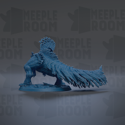 A blue dinosaur figurine with a long tail and sharp teeth is shown against a dark background with repeated text.