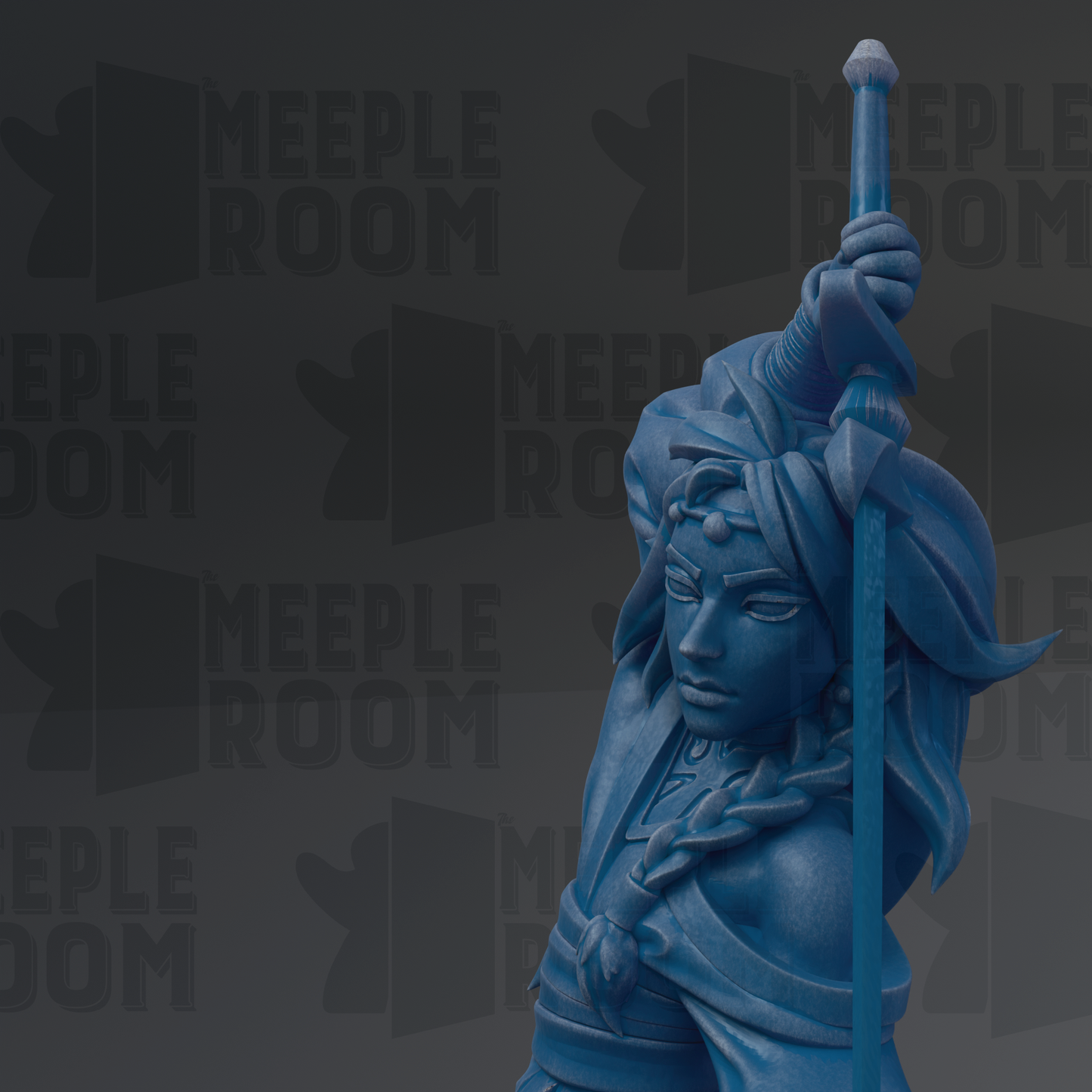 A blue statue of a person holding a sword and shield, with the text "MEEPLE ROOM" repeated in the background.