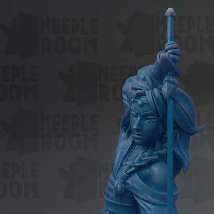 A blue statue of a person holding a sword and shield, with the text "MEEPLE ROOM" repeated in the background.