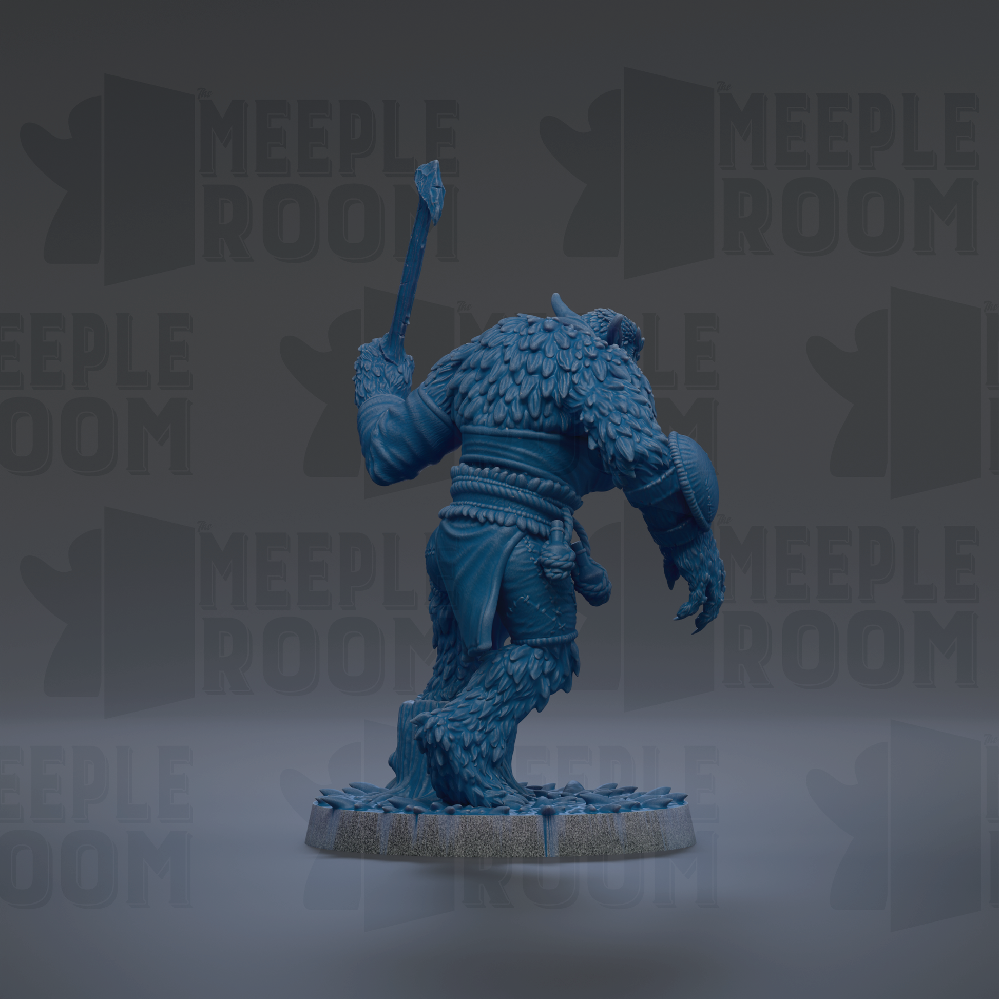 A blue, furry creature holding a weapon and standing on a rock.