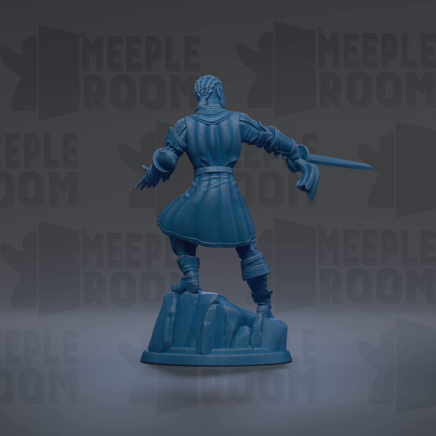 A blue statue of a person with a sword, standing on a rock formation against a dark background with repeated text.