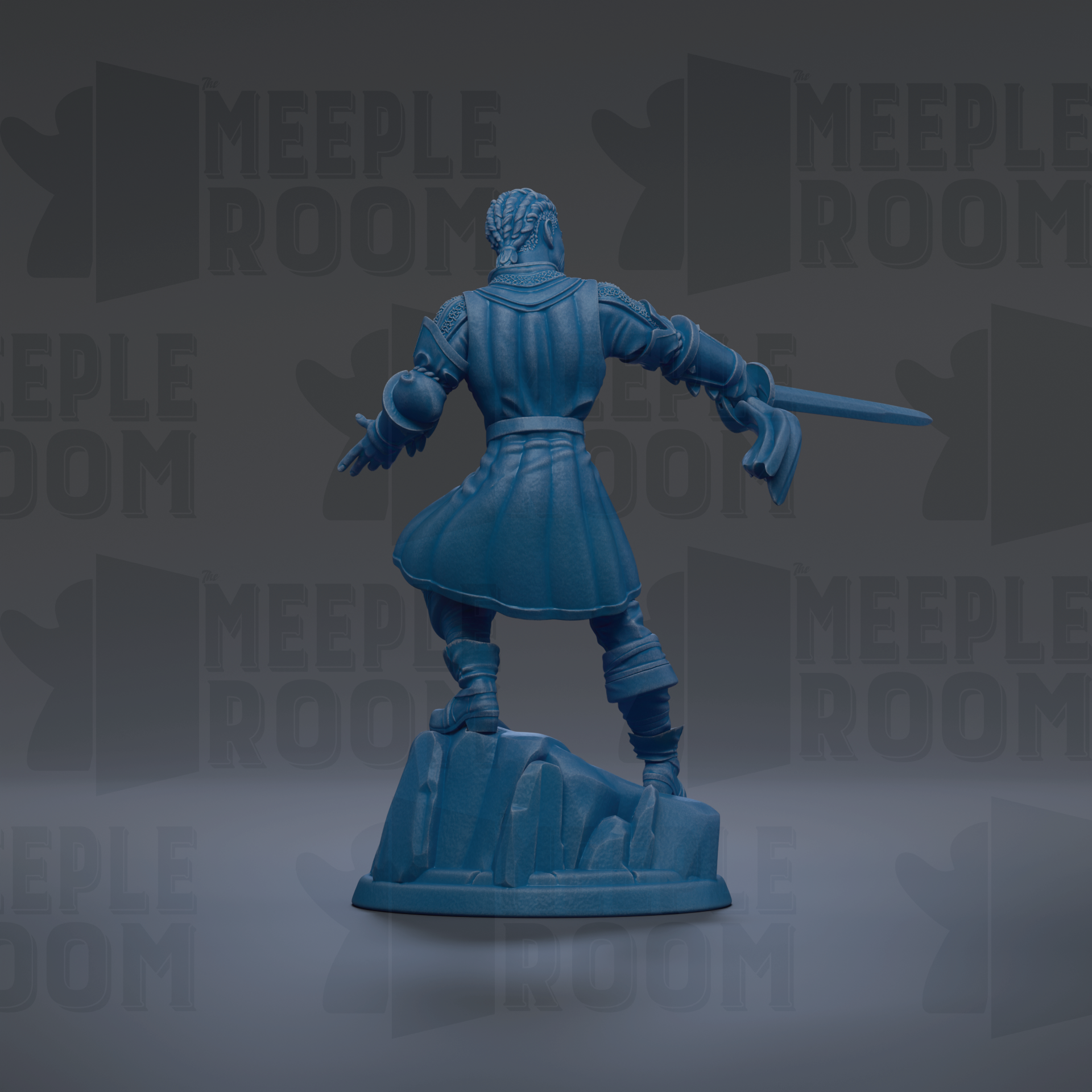 A blue statue of a person with a sword, standing on a rock formation against a dark background with repeated text.