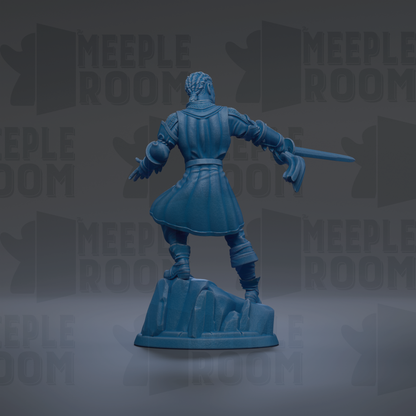 A blue statue of a person with a sword, standing on a rock formation against a dark background with repeated text.