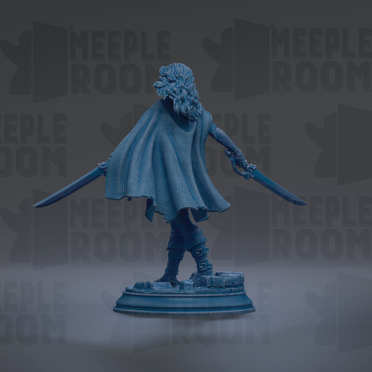 A blue statue of a person holding a sword and shield, standing on a pedestal.