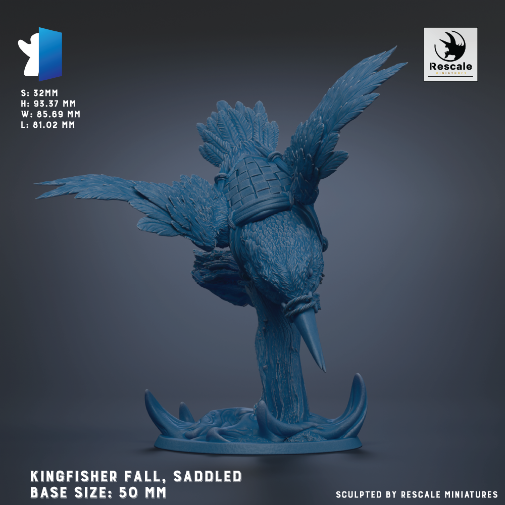 A 3D rendering of a Kingfisher bird statue, which is a type of bird of prey. The statue is depicted in a dynamic pose, with its wings spread wide and its beak pointed downwards. The statue is shown in a base size of 50 millimeters. The image is a 3D rendering of the Kingfisher statue, and it is described as being sculpted by Rescale miniatures.