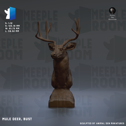 The image is a 3D rendering of a bust of a mule deer, specifically the bust of the animal named Mule Deer, Bust.