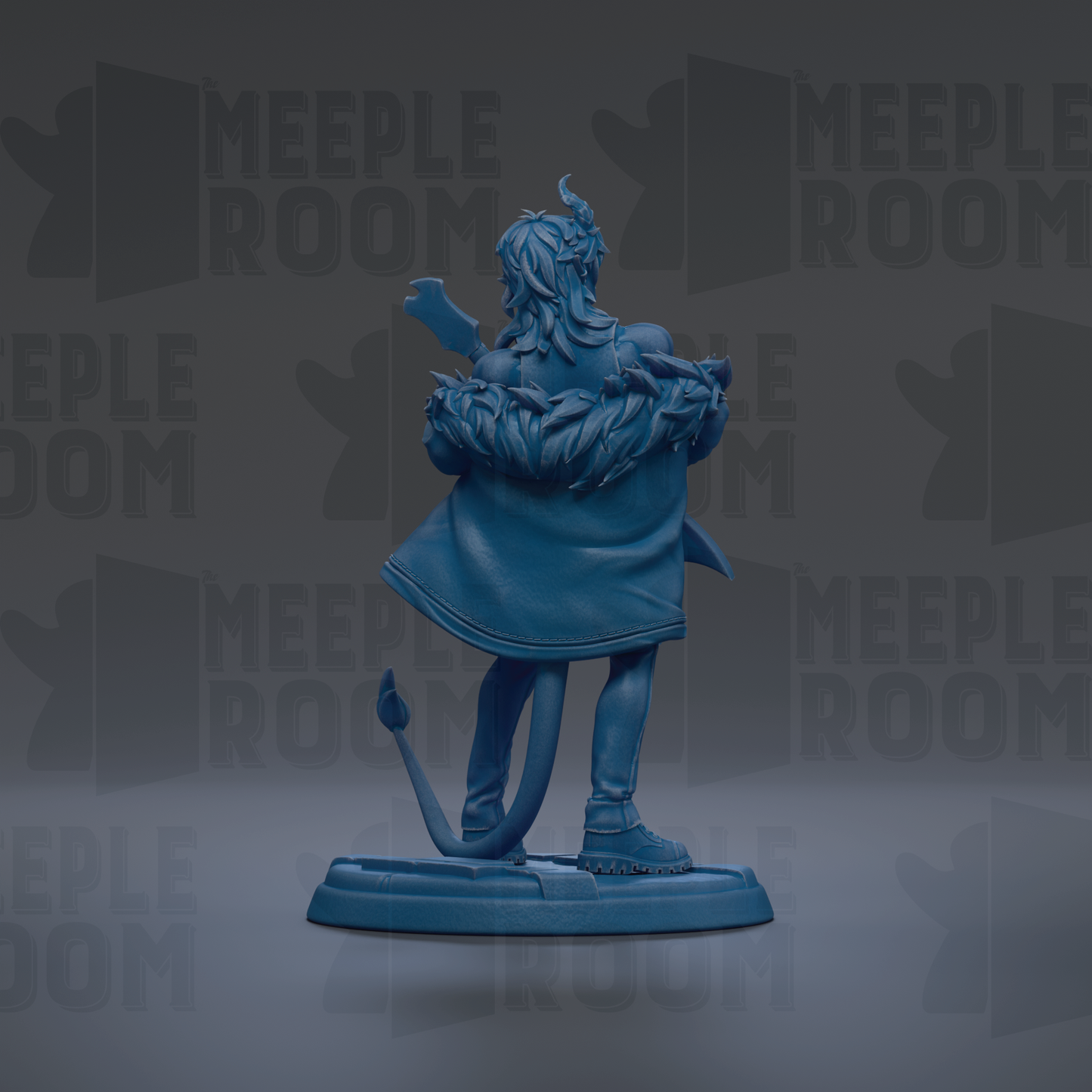 A blue figurine of a person standing on a platform, with the text "MEUPLE ROOM" repeated in the background.