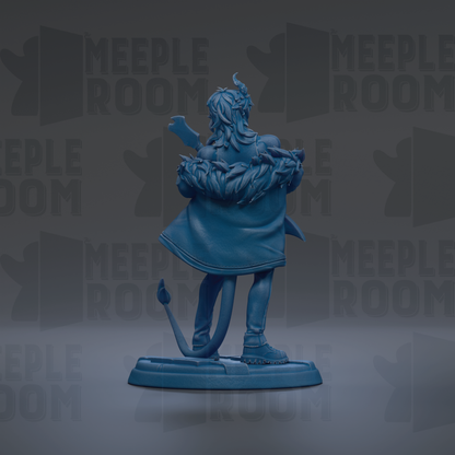A blue figurine of a person standing on a platform, with the text "MEUPLE ROOM" repeated in the background.