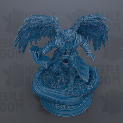 A detailed 3D rendering of a winged, armored figure holding a book, standing on a pedestal.