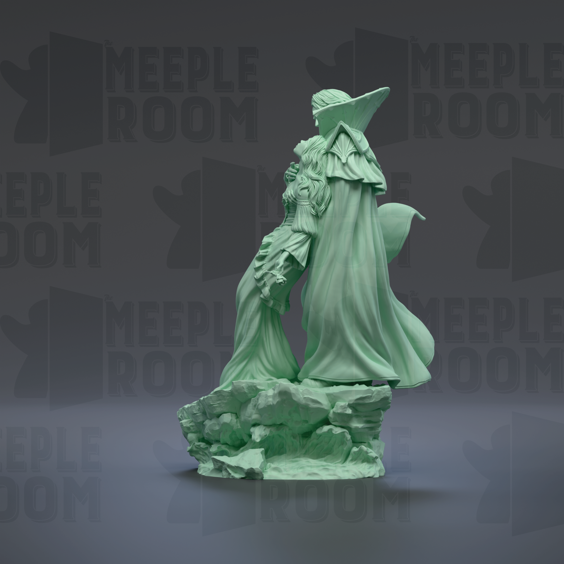 A green statue of a figure standing on a rock, with the text "MEUPLE ROOM" repeated in the background.