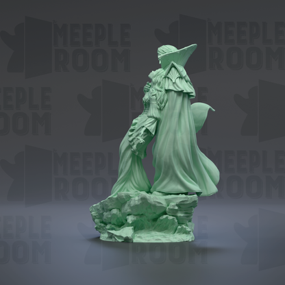 A green statue of a figure standing on a rock, with the text "MEUPLE ROOM" repeated in the background.