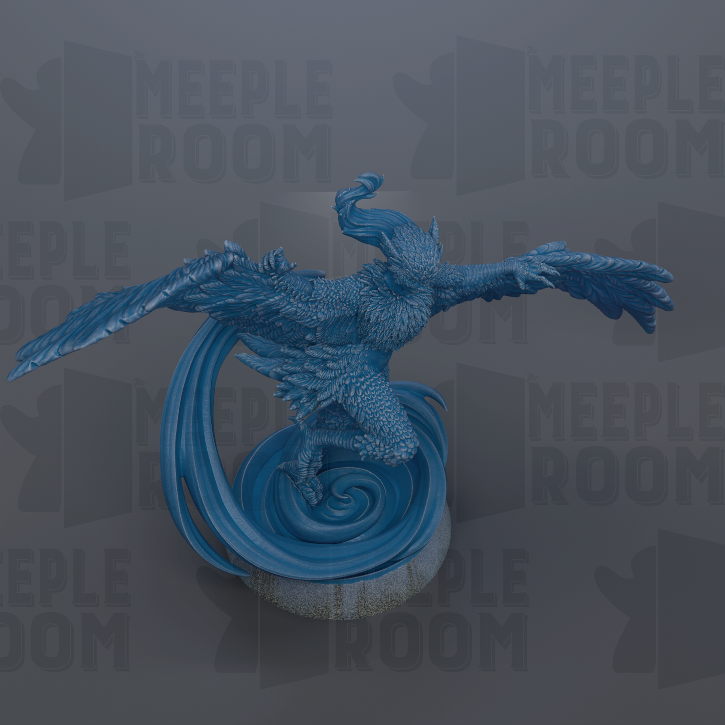 A blue, winged creature with intricate details is depicted in the image.