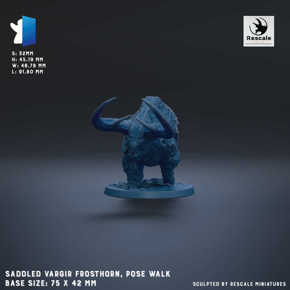 a detailed 3D model of a saddleled vargir frosthorn, posed on a base size of 75 x 42 mm.