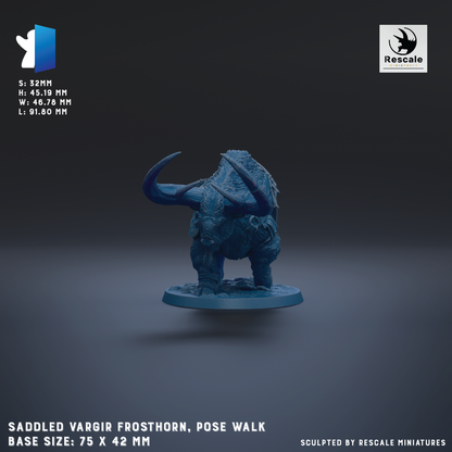 a detailed 3D model of a saddleled vargir frosthorn, posed on a base size of 75 x 42 mm.